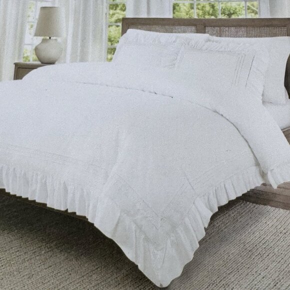 3pc Rachel Zoe White Ruffle Eyelet Lace KING Duvet Cover Sham Set Cotton Cottage - Picture 1 of 7